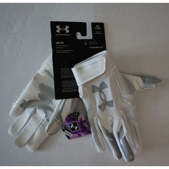Under Armour 1370128 100 UA F8 Women Size LARGE Wht Silver Football Skill Gloves - Picture 1 of 11